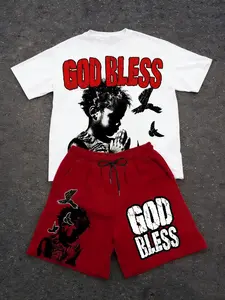 Unisex God Bless 2 Piece Top & Shorts Set, Prayer Child Graphic Print, Soft Cotton Blend Fabric, Streetwear Hip Hop Casual Style, Daily Wear Party City