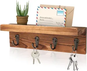 Rustic Key Holder for Wall Farmhouse Wall Shelf with 4 Hooks Wall Mounted Key Racks Wooden Mail Organizer with Hooks for Entryway Brown Pine Decor Nature