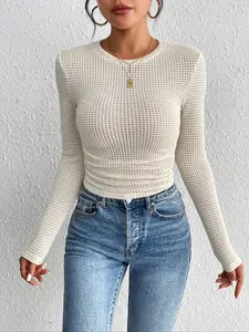 Women's Plain Textured Ruched Round Neck Tee, Elegant Long Sleeve Crew Neck T-Shirt for Spring & Fall, Women's Top for Daily Wear