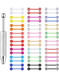 48Pcs 14G Flexible Acrylic Straight Tongue Ring Barbell for Women Candy Color Tongue Piercing Jewelry 14mm Bar Tongue Rings Piercing Ball Grabber Set