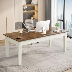 Tribesigns 62-Inch Computer Desk With Solid Wood Legs for Home Office, Executive Study Table in Rustic Brown & Cream White Wooden Desktop