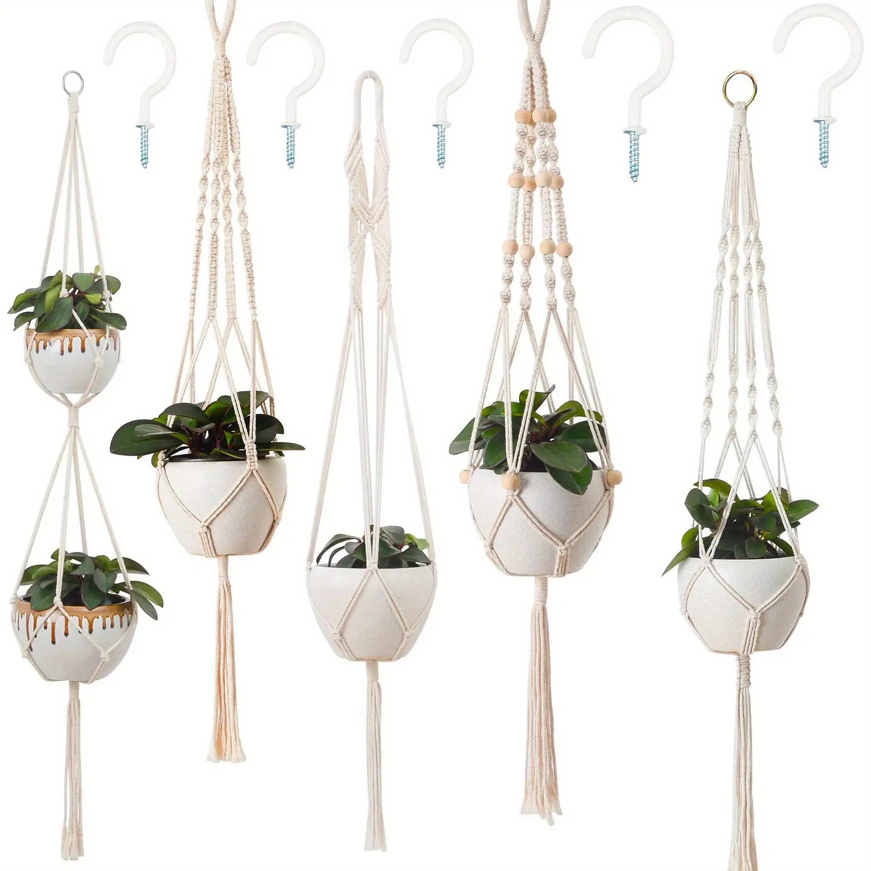 5pcs Bohemian Macrame Plant Flower Hangers with 5 Hooks - Jute Rope Hanging, Irregular Shape Indoor/Outdoor Hanging Basket Suitable for Plants, Beads & Tassels, Lightweight Planter for Decor ( Knot)