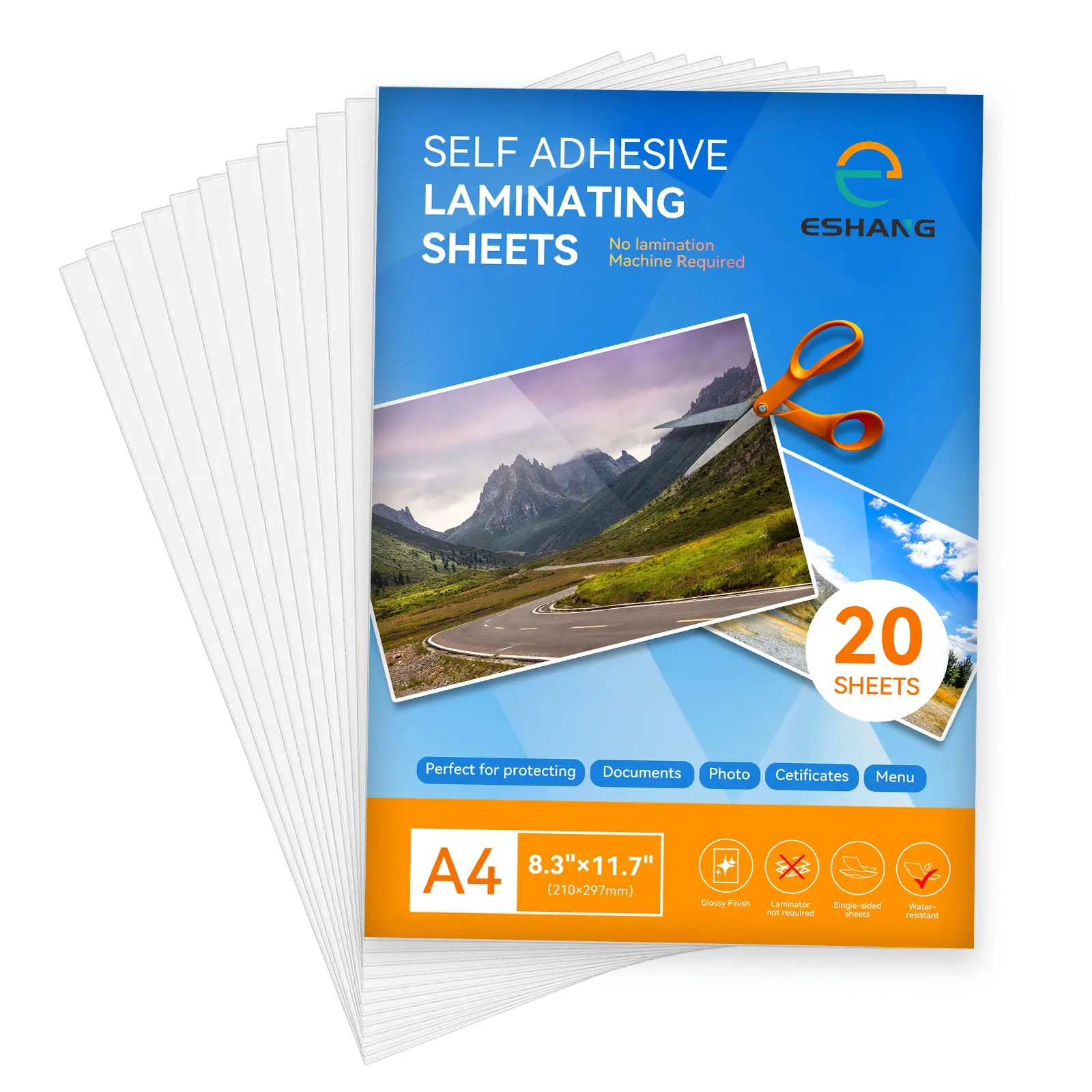 20 Pack Clear Glossy Finish Self-Adhesive Laminating Sheets, A4 Size 8.3x11.7 Inch, Waterproof Photo Laminators, No Machine Required, Ideal for Protecting Documents, Menus & Certs