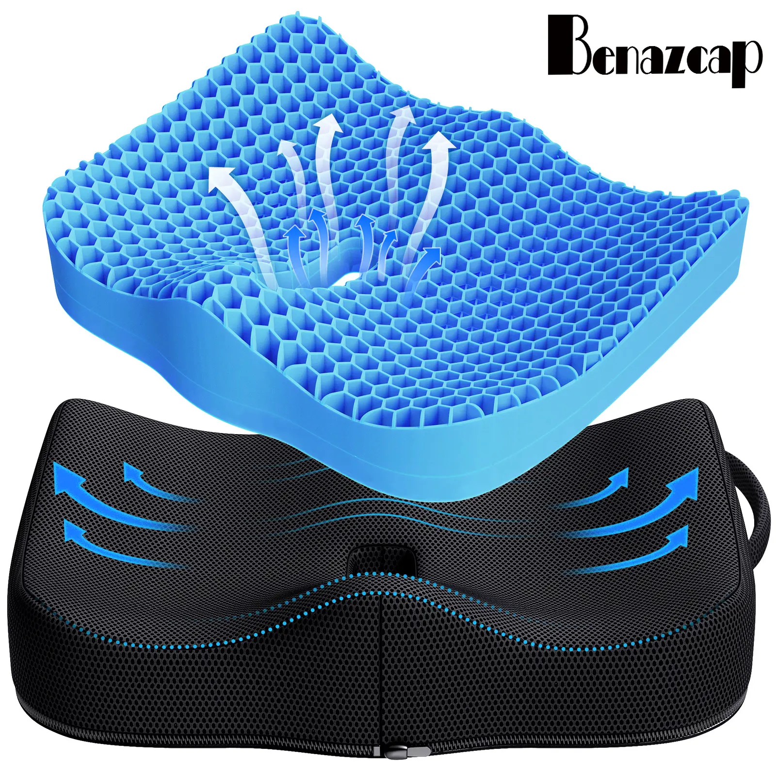 【Summer Pick】Benazcap Gel Seat Cushion-Large Double Thick Ergonomic Cushion for Pressure Relief & Coccyx Pain Relief - 3D Honeycomb Design-Premium TPE Material-Soft & Breathable-Waterproof-Ideal for Office & Outdoor Use