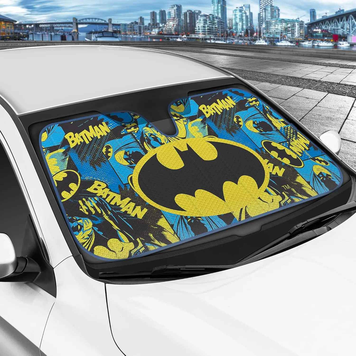 DC Comics Superheroes Car Sunshade for Front Windshields (58"W x 27"L), Accordion Fold Up Style Keep Cool Warner Bros Superhero Dark Knight Batman Superman Man of Steel Justice League
