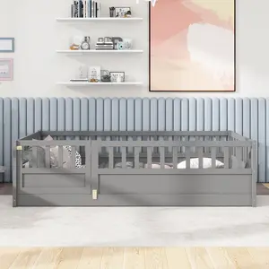 Dreamzon Twin Size Floor bed, integral construction with super high security barrier, door, children's floor bed frame, Montessori wooden children's floor bed,  Grey