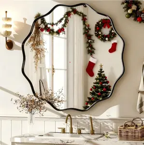 BEAUTYPEAK 24 Wavy Round Bathroom Mirror Wall Decor with Deep Frame