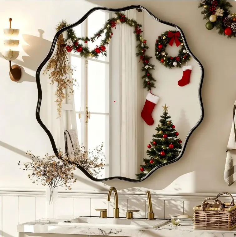 BEAUTYPEAK 24 Wavy Round Bathroom Mirror Wall Decor with Deep Frame