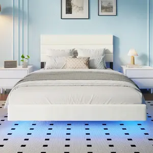 CollaredEagle Queen Size Wood Bed Frame - Upholstered Blanc Headboard, Charging Station, Floating Design, Silent Operation, No Spring Mattress Needed for Master Bedrooms, Apartments