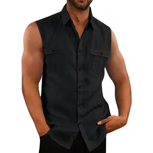 PASLTER  Mens Sleeveless Button Down Shirts Linen Cotton Summer Beach Basic Tank T-Shirt Tops Casual Kurta Menswear