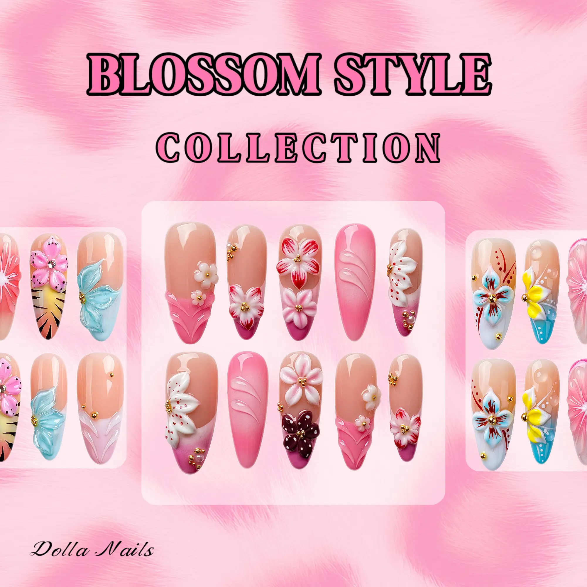 Dolla Nails Blossom Collection - Luxury Handmade Press-On Nails for Women | Salon-Grade Glossy Finish, Reusable & Long-Lasting Premium Nail Art Design for Daily Dating Party Holiday Occasions、summer Nails、Princess Nails