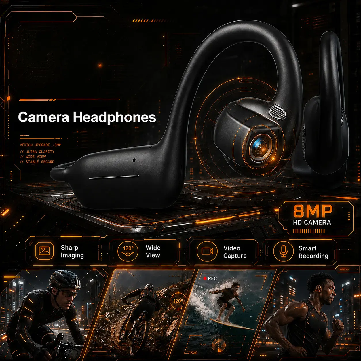 OWS-G206 On-Ear Wireless Bluetooth Headset - Audio Device with 8MP EIS Stable Camera, First-Persp View, Waterproof Headphones