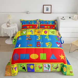 Feelyou Educational Duvet Set - 3D Elephant & Frog Pattern, Colorful 123s, ABC Alphabet, Shapes Themed, Soft Luxury Learning Bedding for Kids