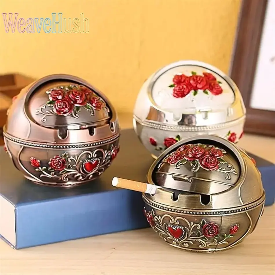 Stainless Steel Vintage Ashtray with Lid, Embossed Rose Pattern Tabletop Decor, Durable and Windproof for Outdoor and Indoor Use, Home Ornaments, Outdoors, Old School Ashtrays, Metal, Indoor/Outdoor, Decoration, Ornamental, Artistic, Room Decor, Indoor An