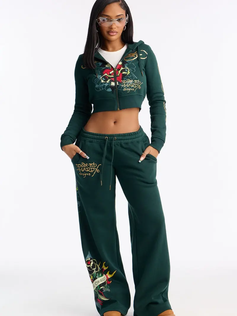 Rhinestone Heart Fleece Zip Up Hoodie - Hunter Green