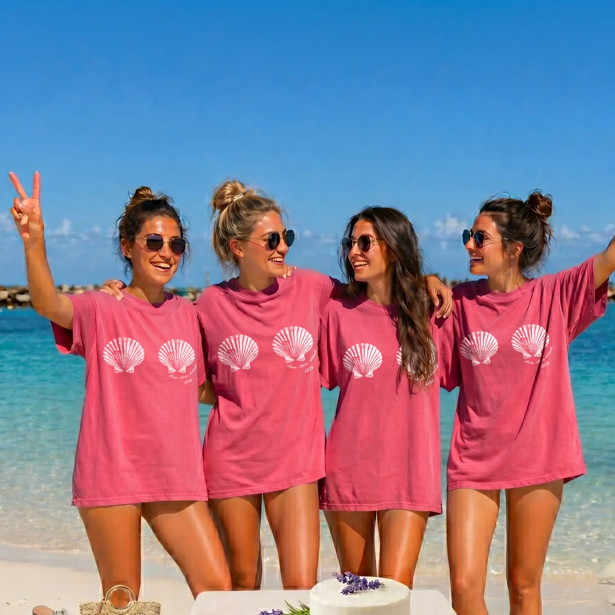 Customizable Text Seashell Mermaid Bra Graphic Oversized Bikini T-Shirt Women's Coastal Beachy Mermaidcore Preppy Summer Vacation Dusty Blue Cotton Personalized Bachelorette Party Girls Trip Retro Y2K Graphic Tee Shirt Top