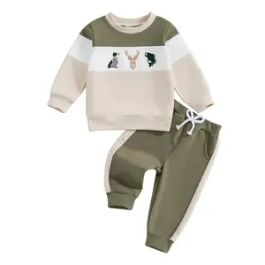 Toddler Baby Boy Christmas Outfit Sets Reindeer Embroidery Color Block Long Sleeve Sweatshirt Tops Elastic Waist Pants Fall Winter Sweatsuit