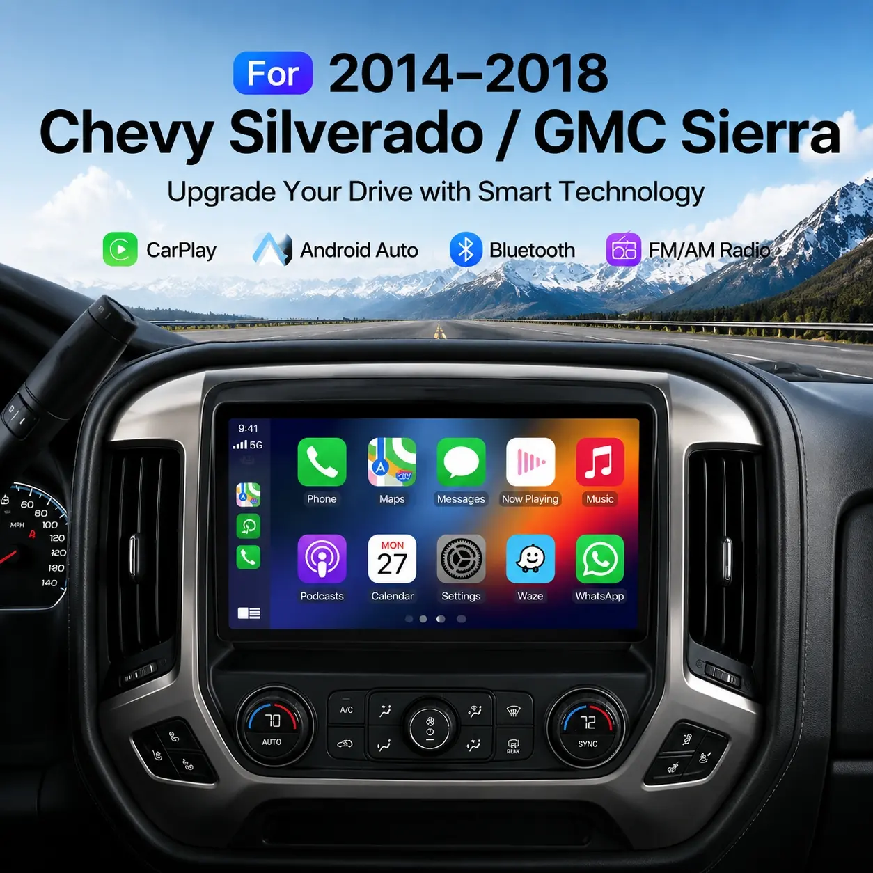Car Stereo for Chevy Silverado GMC Sierra 2014-2018, 10.1" Android 14 Head Unit with Wireless Apple CarPlay & Android Auto, Touch Screen Radio, Bluetooth, SWC, Backup Camera Support
