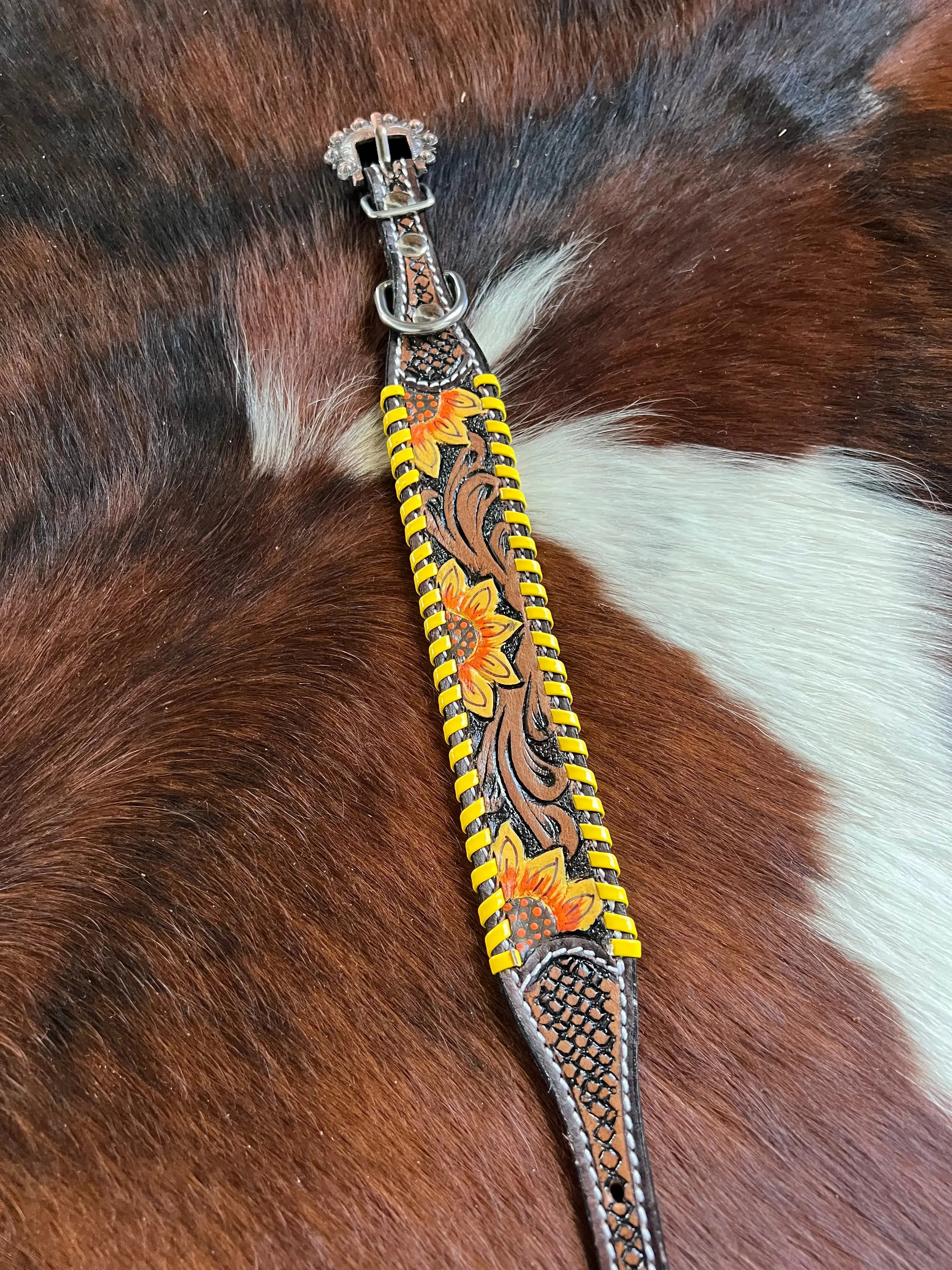 Leather Dog Collar Sunflower tooled leather dog collar with yellow laced trim Leather Dog Collar Sunflower tooled leather dog collar with yellow laced trim