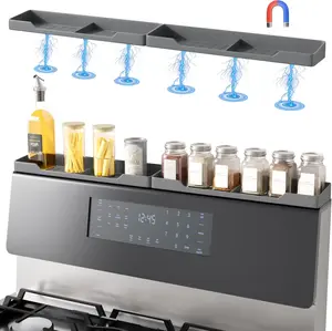 Magnetic Stove Top Shelf 30", Silicone Kitchen Organizer Over the Stove Spice Rack, Over Oven Organization Shelf for Kitchen Storage Solution, Total 30" Length, Black Wooden