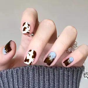 Short Press on Nails Square Fake Nails Brown Squoval Glue on Nails Press ons with Cow Print Design 24Pcs Glossy Blue Cute Acrylic Nails for Women and Girls Western-Inspired Cowboy Press-On Nails