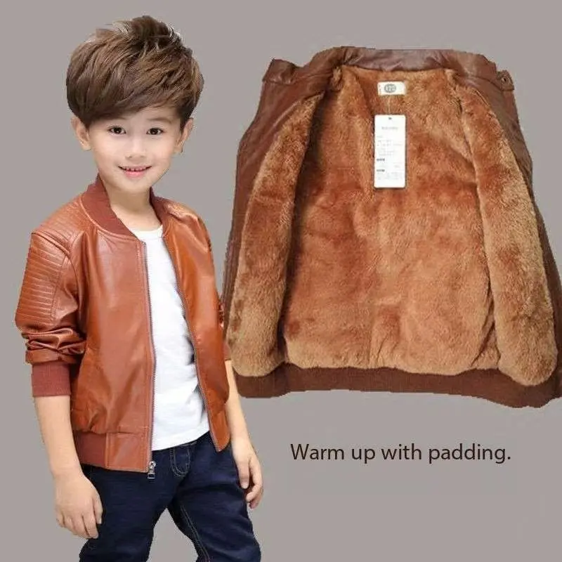 Boys' PU Leather Full-Zip Collared Neck Blazer - Child Size Boys' Jackets, Long Sleeve, All Season, Medium-Length Versatile Outerwear Piece, Stylish and Practical Machine-Washable Plain Coat, 3-4Y/4-5Y/5-6Y/7-8Y, Everyday Wear