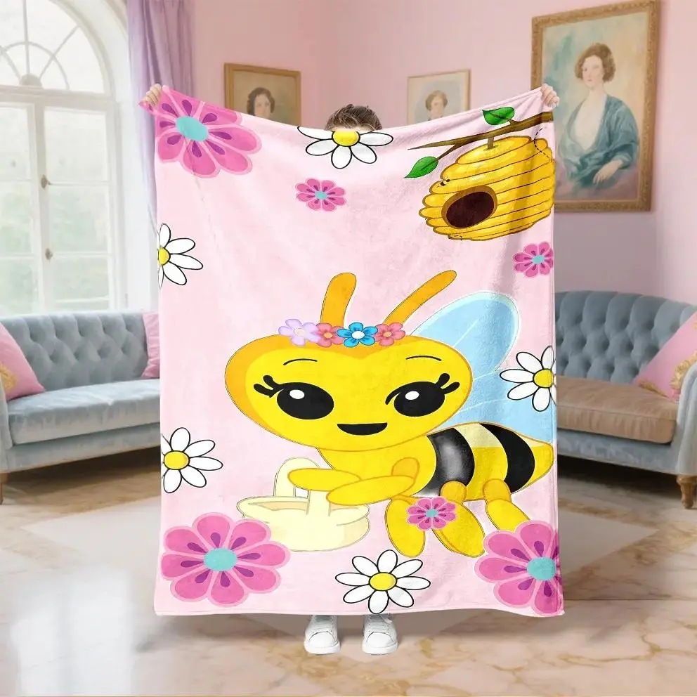 1PC Cute Bee Print Flannel Blanket - Wrinkle Resistant, Stain Resistant, Durable, Cooling, Classic Flat Weave, Machine Washable, Wash Free, Soft All-Seasons Blanket for Lounging on Sofa or Bed, Watching TV