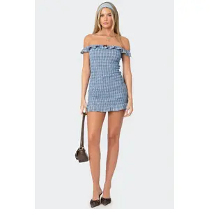 Off Shoulder Scrunched Plaid Mini Dress