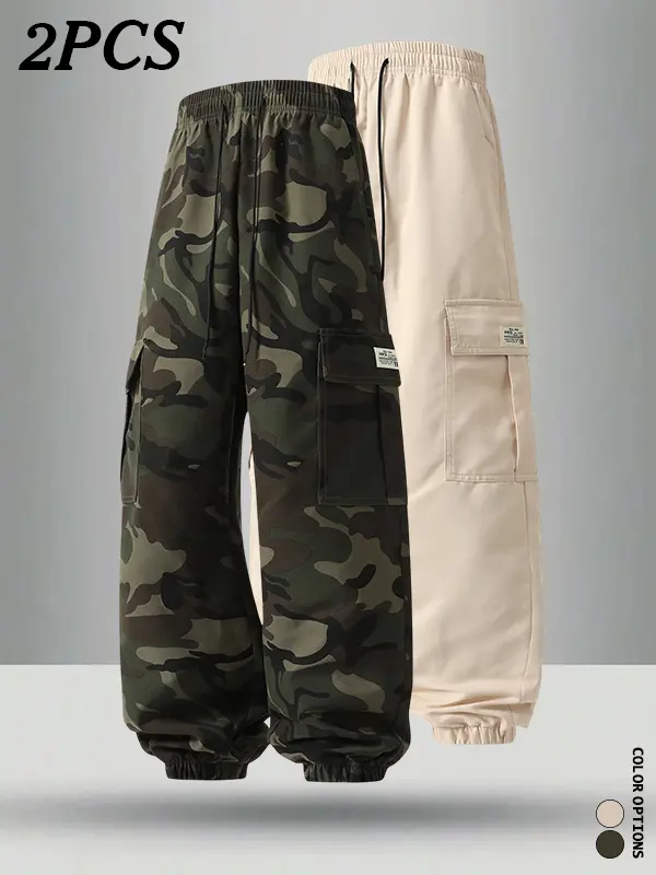 2-pack outdoor everyday camouflage cargo jogger pants—breathable, no sweat buildup; 3D cargo pockets; 3D pattern-cut design for a flat, non-sagging fit.