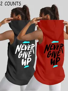 Women's Sleeveless Hooded Athletic Tank Top with Letter Print, Fashionable Casual Sportswear for Summer Outdoor Activities