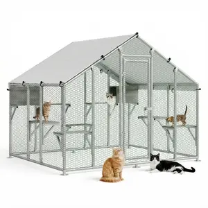 Garvee 94.5" Large Catio Outdoor Cat Enclosure with 7 Platforms & 2 Condos, Waterproof UV-Resistant Roof, Outdoor Walk-in Galvanized Steel Cat Patio House for Multiple Cats 76.7''H