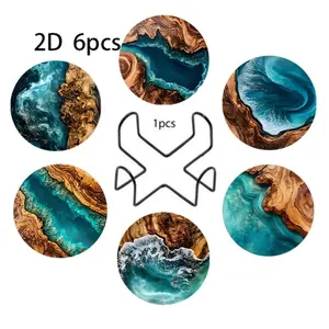 6pcs Wooden Cup Holder Coasters Set with Stand, Beach Wave Design, Aesthetic, Perfect for Garden Kitchen Living Room, Home Party Decor Gift, Tableware