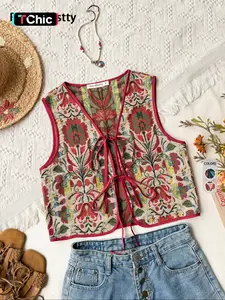 Women's Boho Embroidered V Neck Floral Vest, Bohemian Vintage Ethnic Woven Waistcoat, Fitted Front Collar Top, Fall & Winter Fashion
