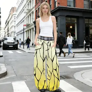 Women's Kawaii Anime Print Fake Two-Piece Wide Leg Pants, Cute Japanese Manga Graphic High Waisted Palazzo Trousers with Side Pockets, Elastic Waist Boho Lounge Bottoms