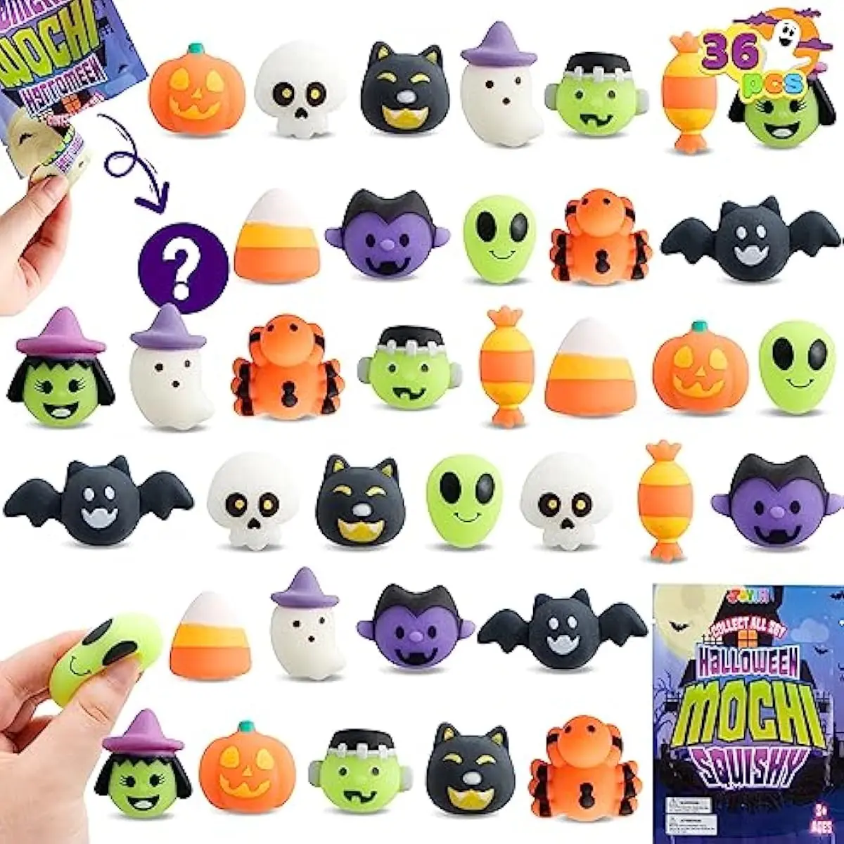 36 Pcs Halloween Mochi Squishy Toy in Blind Bags with 12 Characters for Stress Relief, Halloween Mystery Toy Surprise Bag for Kids Trick or Treating, Party Favors Supplies, Goodie Fillers
