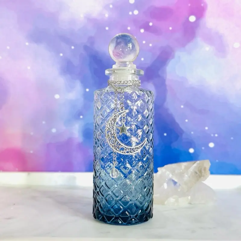 Blue Gradient Celestial Lunar Glass Decanter – Decorative Moon Bottle for Home & Altar Decor with Clear Quartz, Free Spell Ritual Cards and Moon Magic Bundle Printables