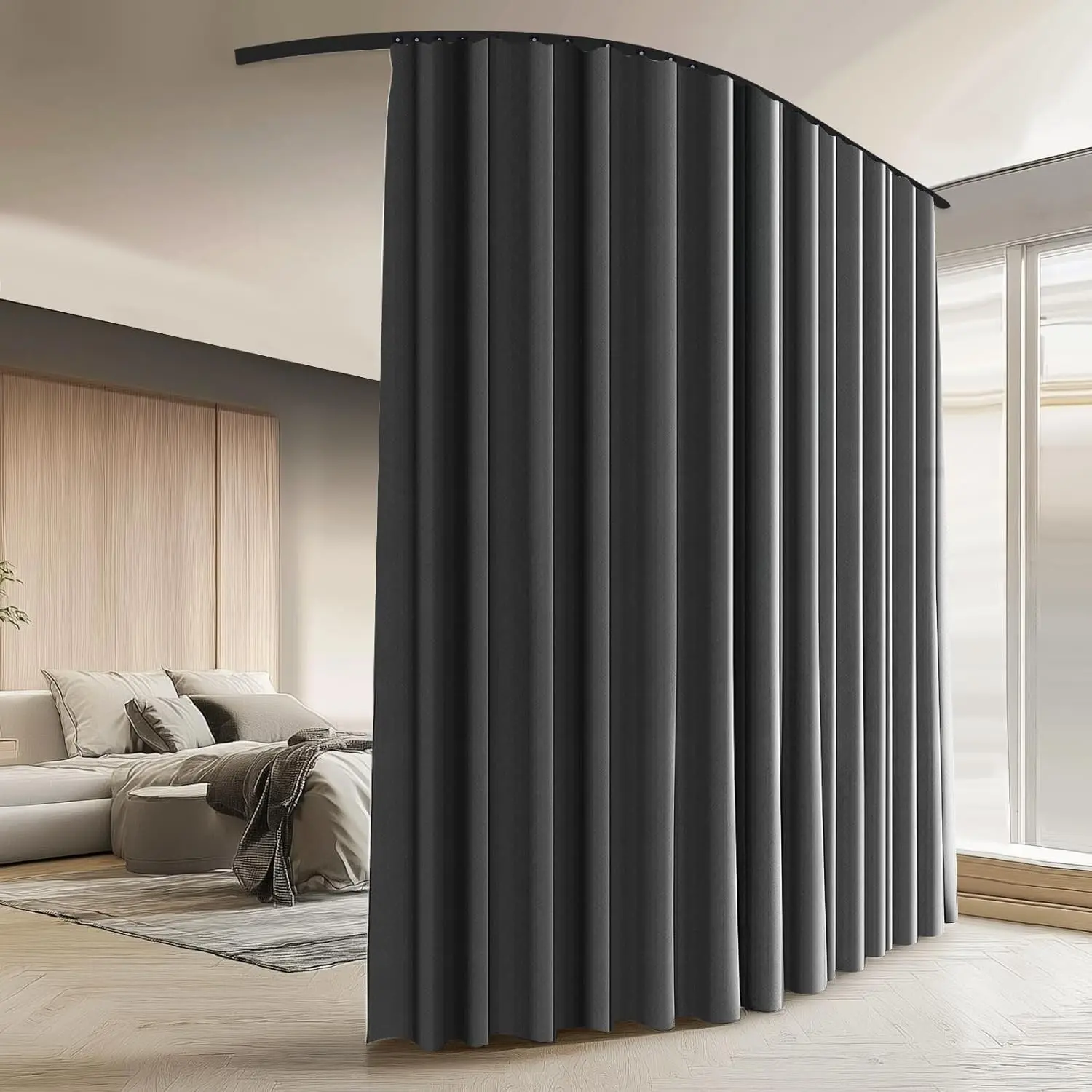 Room Divider Curtains with Ceiling Curtain Track Set Window Curtain for Bedroom,Living Room Total Blackout Thermal Insulated Privacy Ceiling Track Curtain W 6 × H 8 FT Deak-Grey drape&Black track
