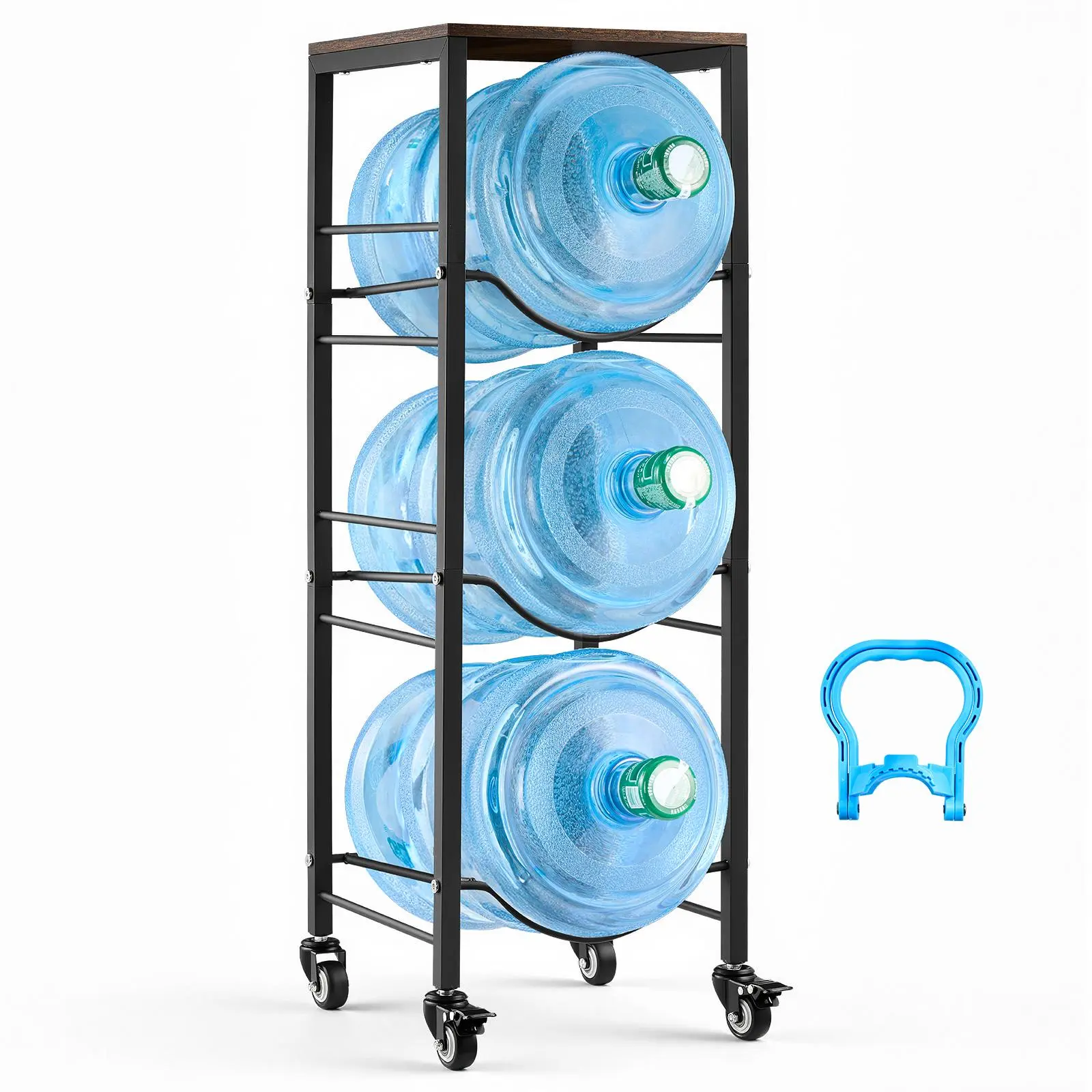 【summerfinds】VEVOR Water Jug Holder, 4 Tiers 3 and 5 Gallon Water Bottle Holder for 3 Bottles, Heavy Duty Jug Rack Organizer with Storage Shelf and Casters, for Kitchen, Office, Living Room, Black and Brown