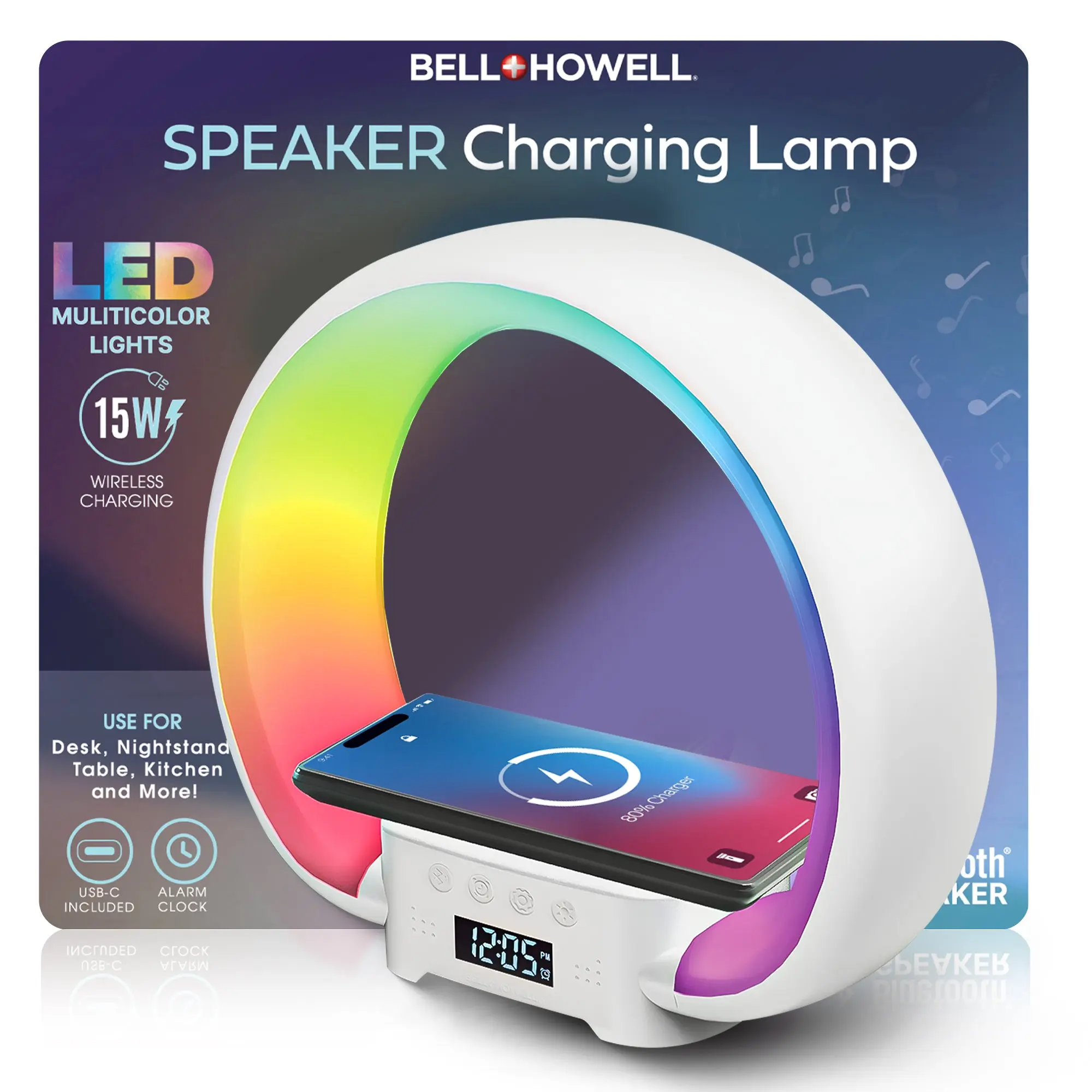 Bell + Howell Speaker Charging Lamp with Alarm Clock, RGB LED Table Lamp, and Wireless Phone Charger Stand Bell + Howell Speaker Charging Lamp with Alarm Clock, RGB LED Table Lamp, and Wireless Phone Charger Stand
