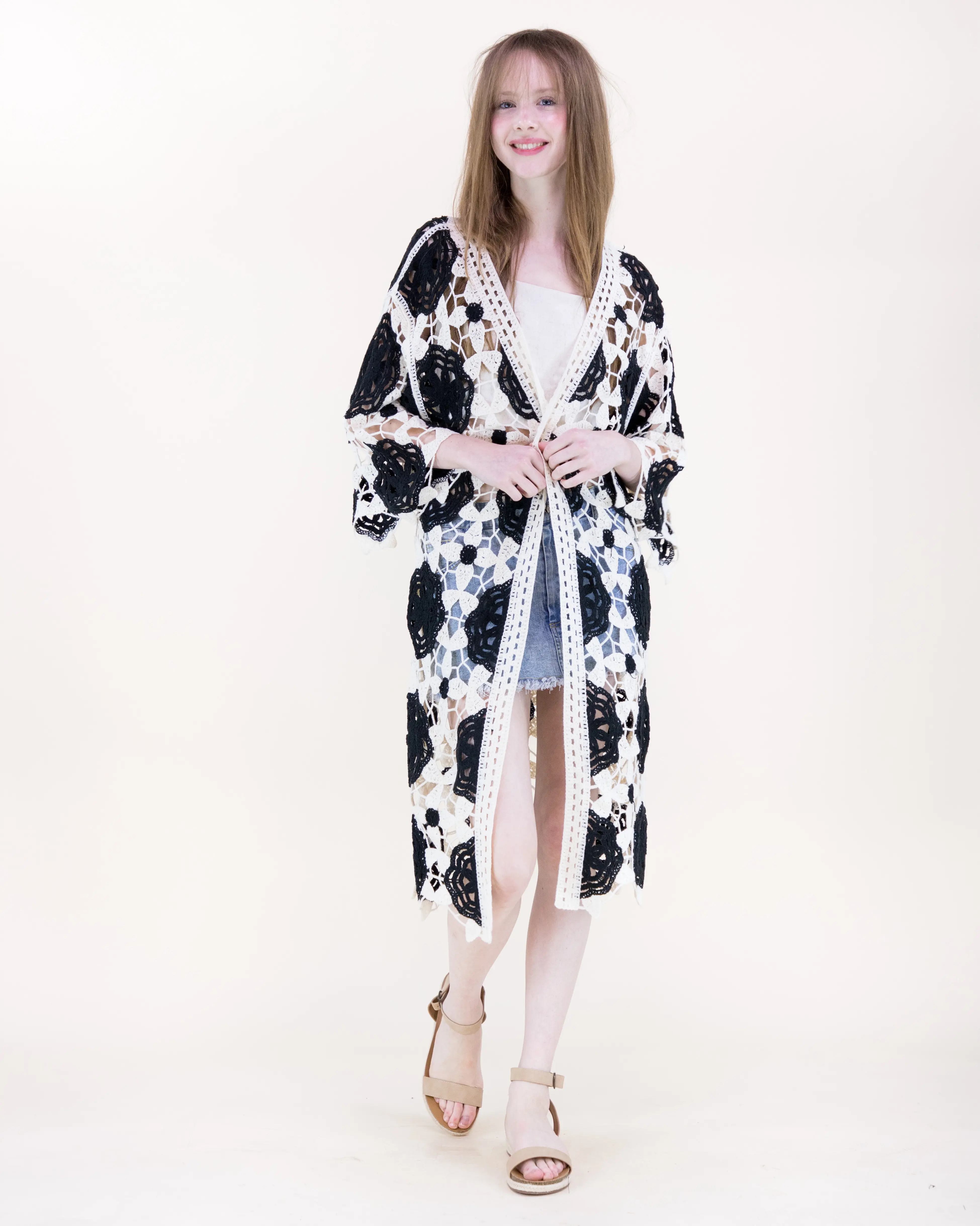 Women's Oversized Resort Rosette Crochet Duster Cardigan - Everyday Bohemian Open Knit Long Cover-Up with Sleeves, Soft Fabric (One Size)