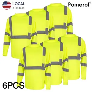 Spring 3/6-Pack Pomerol High Visibility Safety T-Shirts, Men's Long Sleeve Reflective Workwear with Pockets, Breathable and Lightweight, Suitable for Construction, Warehouses, Outdoor Work, Night Fishing - Neon Yellow/Green