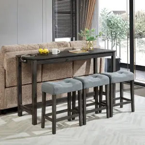 4 Piece Bar Table Set with Power Outlet,Bar Table Set with Chairs,Sofa Bar Table with Stools,Behind Couch Table with 3 Padded Stools,for Living Room,Dining room