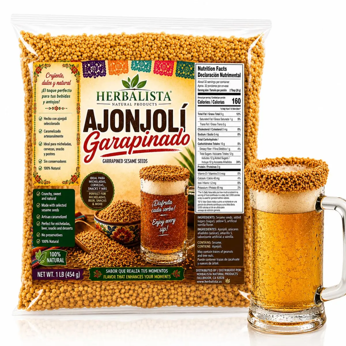 8oz Authentic MX Caramelized Sesame Seeds (Ajonjolí Garapiñado) - Ambient Temp Dried Snack, Sweet Crunchy Rim Garnish for Micheladas, Snacks, Desserts