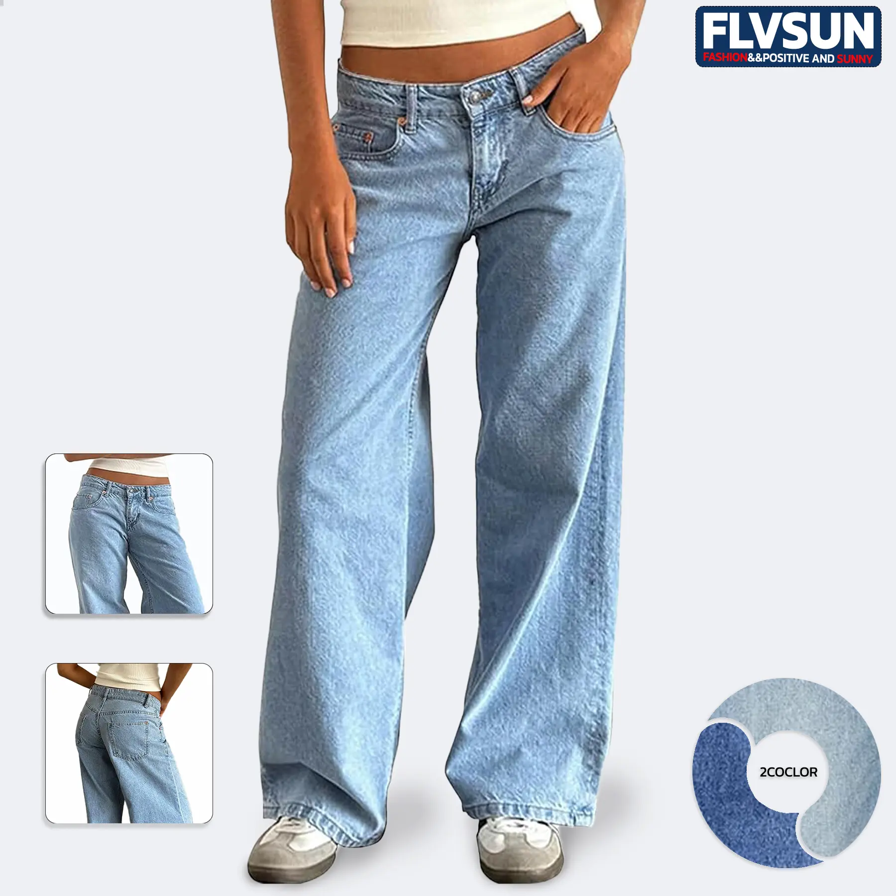 Flvsun- Women's Wide Leg Low Waisted Baggy Jeans Casual Loose Y2K Boyfriend Straight Denim Pants, Trouser, Bottom