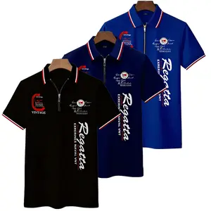 3-Pack Men's Letter Print Zip-Up Polo Shirts, Summer Short Sleeve Color Block Collared Casual Tops, American Retro Streetwear Menswear