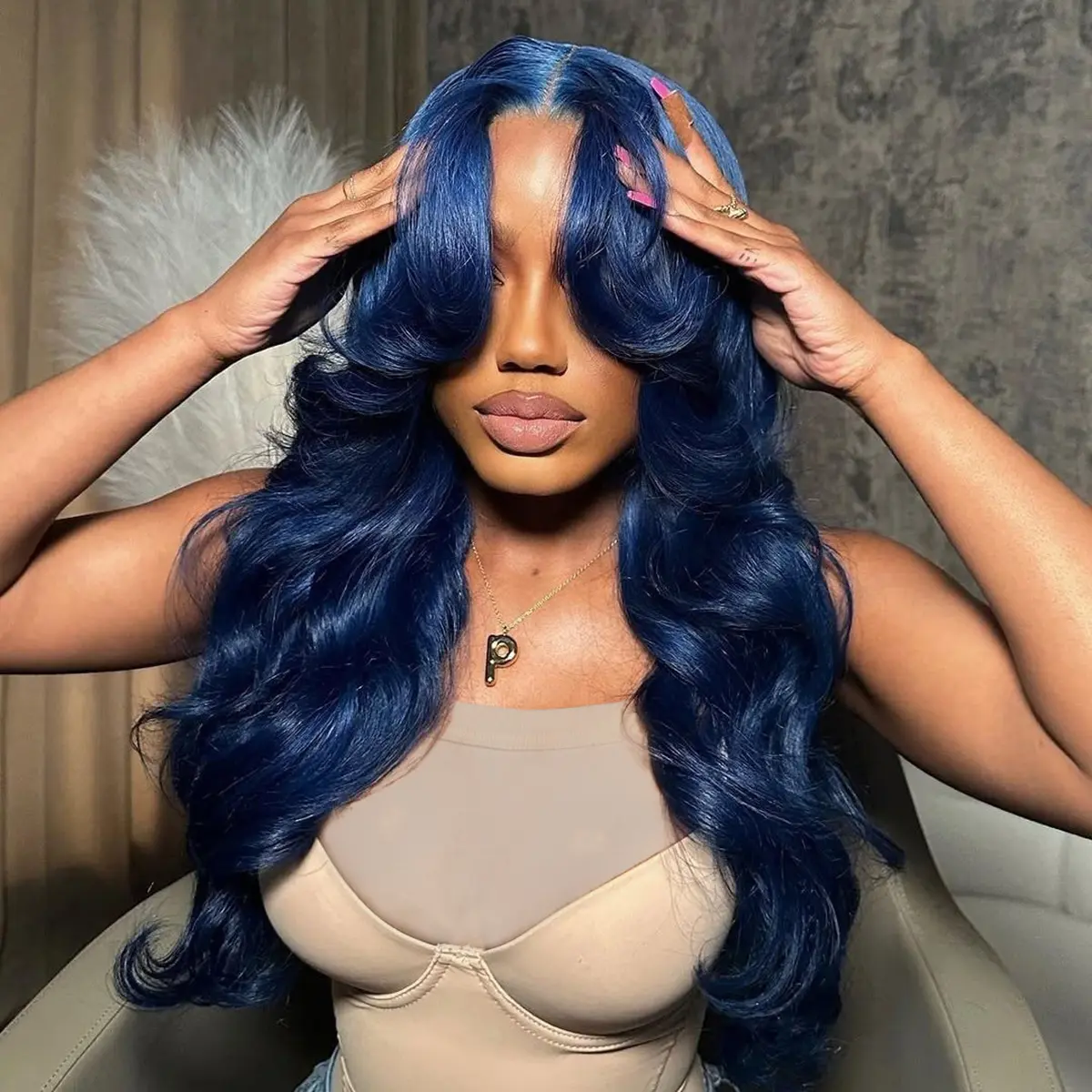 HANA HAIR Women's 12A Brazilian Dark Blue Body Wave 13x4 Lace Frontal Wigs, Pre-Plucked with Baby Hair, 200% Density, Bleach Knots, Ideal for Weddings, Wigs Human Hair, Human Hair Wigs