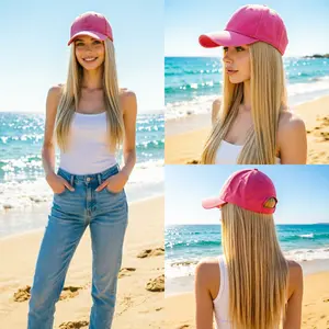 Viral TikTok Hat Wig Natural Blonde Long Straight Hair Pink Baseball Cap Pre-attached Glueless Hat Wig Wear Perfect for Summer Beach