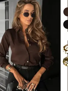 Women's Casual Elegant Solid Color Long Sleeve Shirt, Smooth Comfortable Breathable Fabric, Slim-Fitting Style, Spring & Fall All-Season Wear Blouse