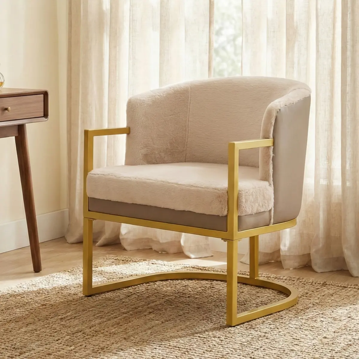 Modern Glam Brown Soft Faux Fur Reading Armchair - Contemporary Accent Chair with Golden Iron Frame, Curved Back, Armrest, 27.5x28.1x31.1", 32.85 lbs, Assembly Required for Living Room, Bedroom, Office Corners - Care Tip: Dust Regularly
