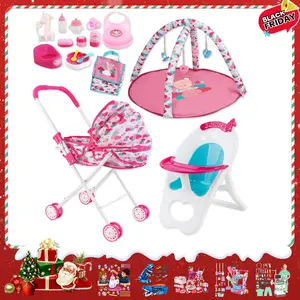 deAO Doll Stroller Set With Nursery Accessories - High Chair, Play Mat, Travel Bag and Feeding Toys for Role Play, Gift